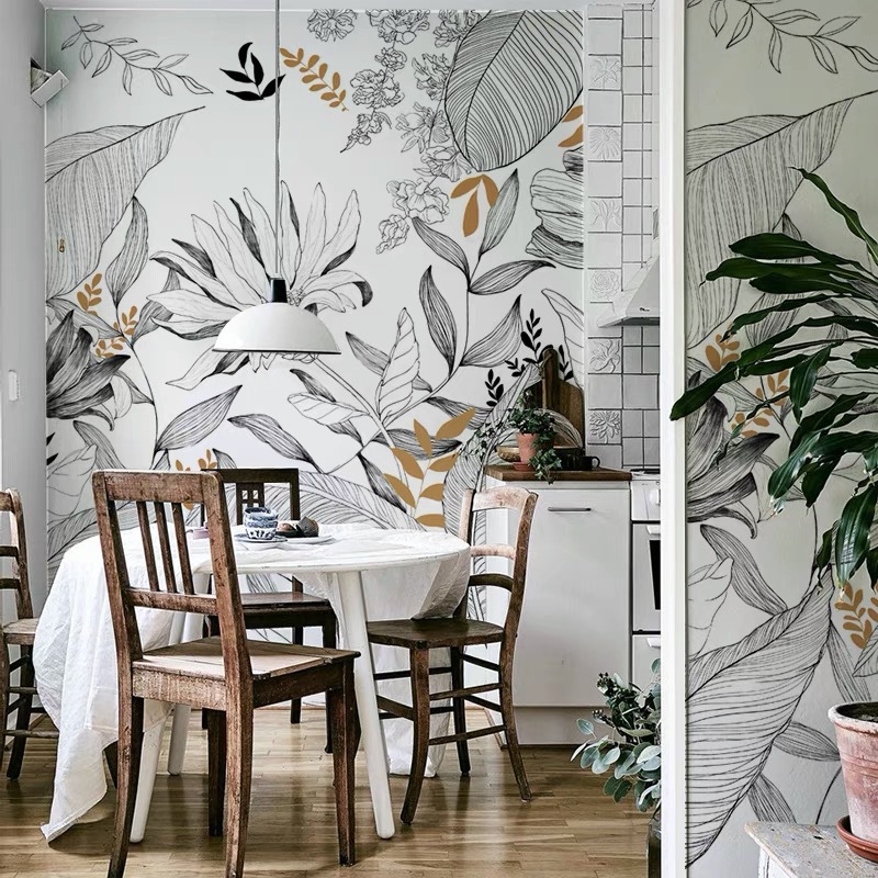 French Abstract Line Drawing Tropical Rainforest Plant Mural Living Room Dining Room Background Wallpaper Apartment B & B Environmental Protection Wall Covering Fabric