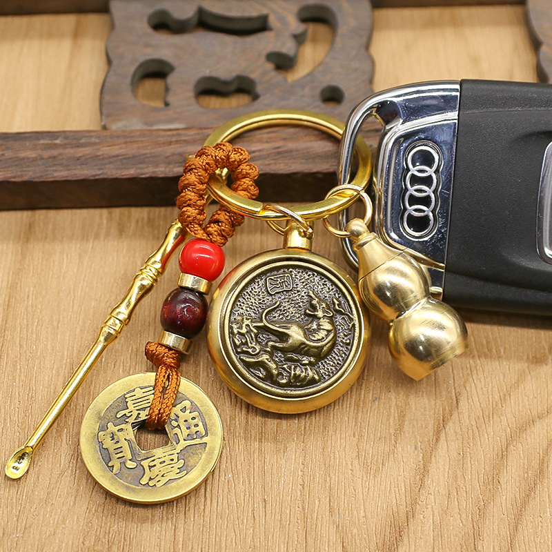 Twelve Zodiac Signs Brass Key Buckle Turn to Buddha Brand Four-Piece Set Car Metal Key Pendants Factory Wholesale