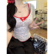 纯欲波点短袖T恤女夏季韩系叠穿吊带两件套甜辣妹打底衫短款上衣