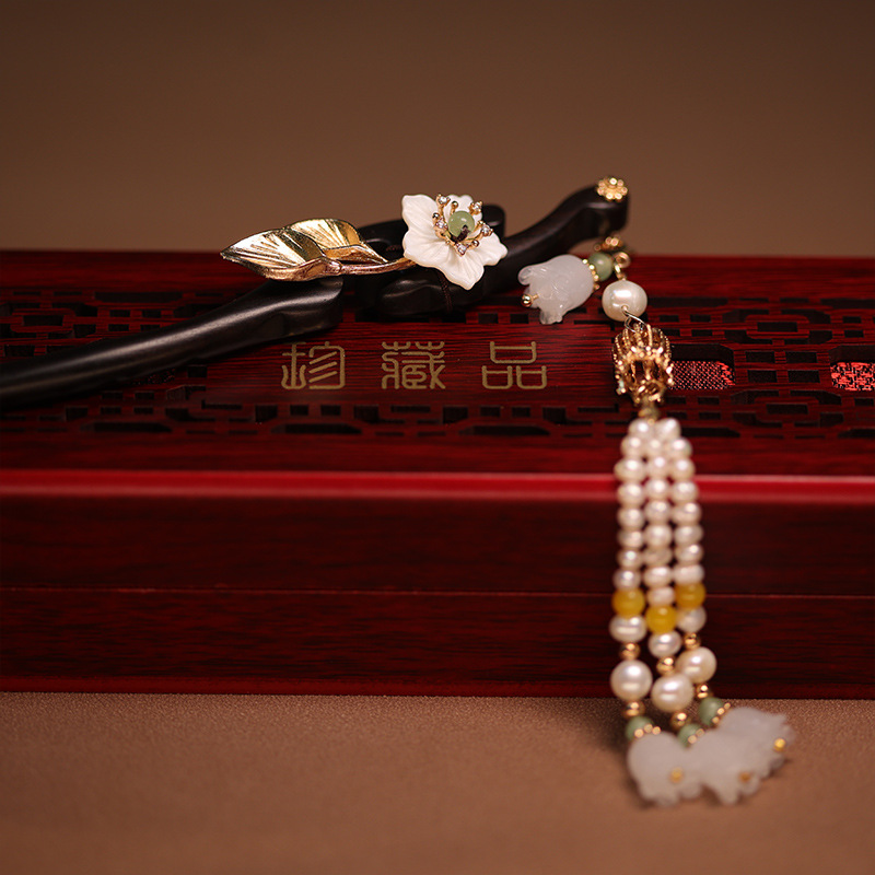 黑檀木簪子盘发古典中式珍珠小花朵汉服发饰头饰超长流