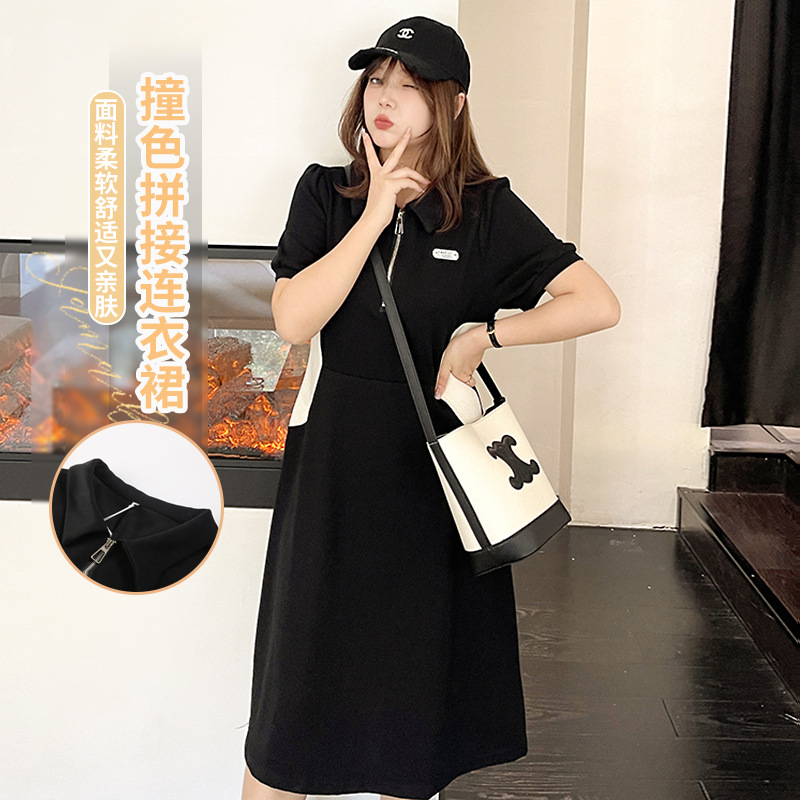 2022夏季新款大码女装200斤胖mm气质通勤修容polo领连衣裙230281