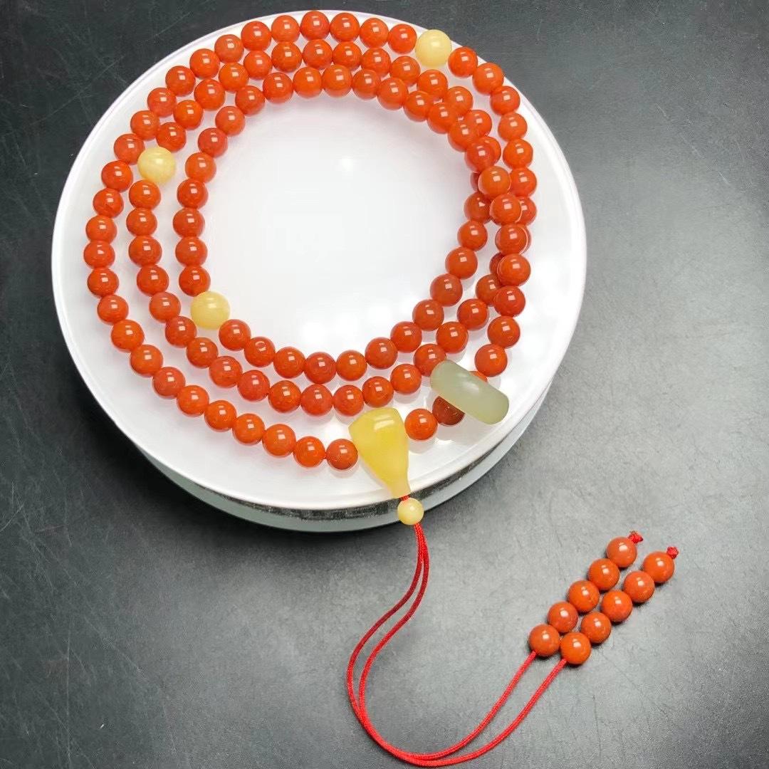 南红108佛珠 搭配蜜蜡圆珠蜜蜡三通和田玉跑环 南红长链 南红念珠