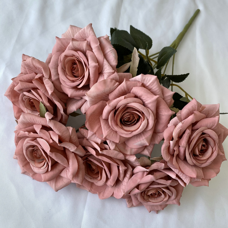 7 Head Wenjuan Coated Silk Screen Diamond Emulational Rose Flower Wedding Celebration Living Room Decorative Road Lead Rose Bouquet Fake Flower