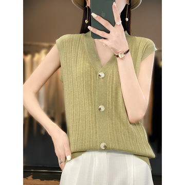 复古风马甲背心t恤精纺羊毛针织开衫女夏季v领薄款无袖坎肩上衣