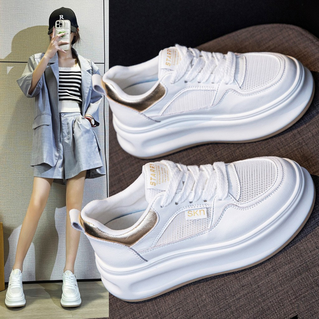 真皮透气网面厚底小白鞋女2024年夏季新款女鞋子舒适休闲百搭板鞋