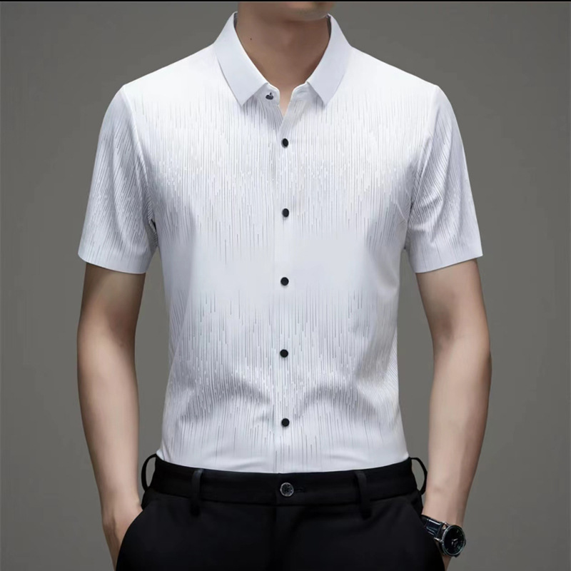 冰丝无痕短袖衬衫男夏季新款流星雨抗皱免烫中青年男式半袖衬衣潮
