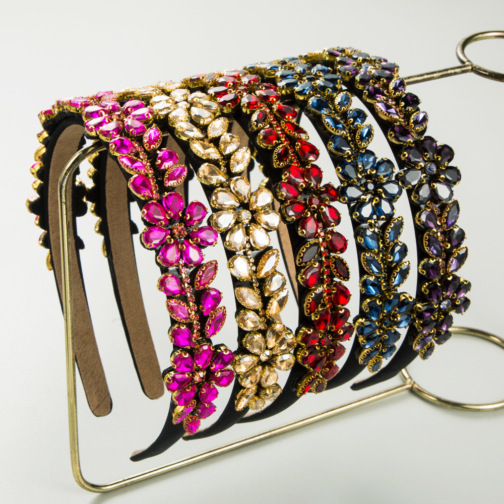 欧美新款复古巴洛克满钻发箍个性镶钻多色细条高品质头箍发饰批发