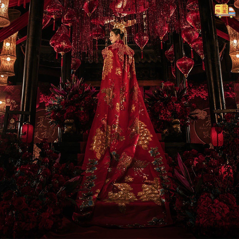 新款凤冠霞帔新娘装嫁衣皇后服古代秀禾服拖尾大披风风中式婚跨境