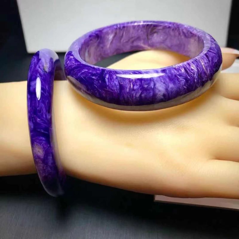 细条天然水晶紫龙晶手镯女玉化查罗石镯子紫色手环宽版大龙纹