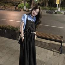 茶歇法式黑色吊带连衣裙女夏季韩系减龄显瘦蓝色衬衣背带裙两件zb