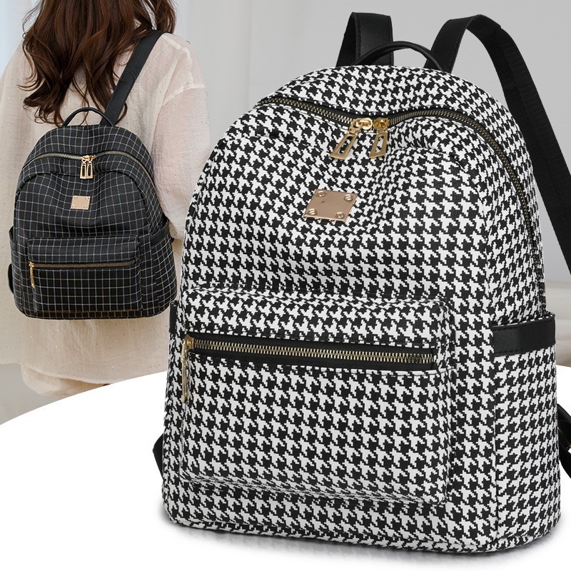 时尚印花千鸟格双肩包女2024新款韩版潮流学生书包大容量旅行背包
