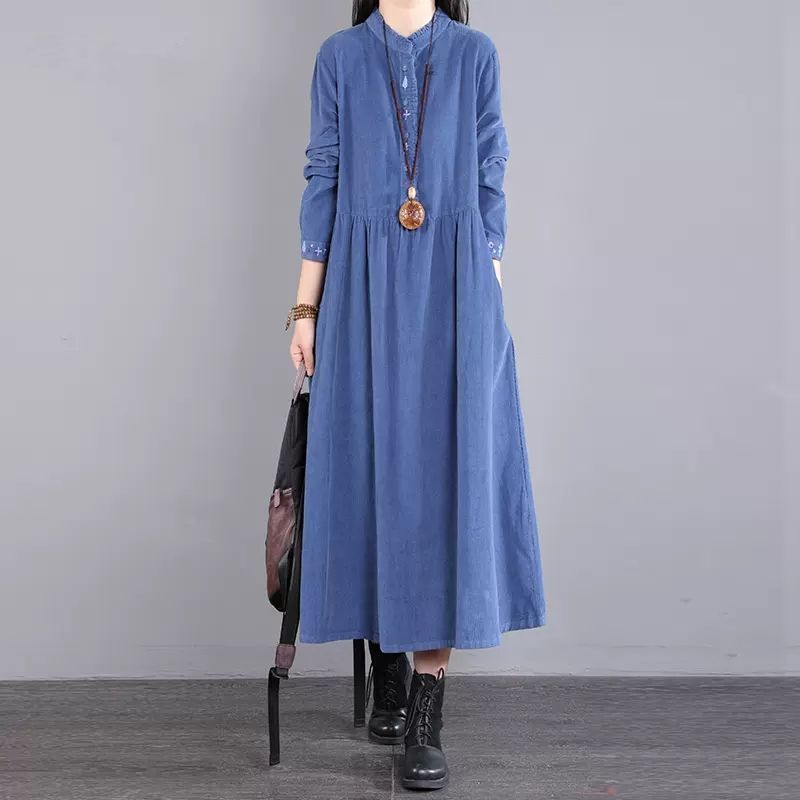 Artistic Retro Corduroy Dress for Women 2023 Autumn and Winter New Loose Mid-Length Cuff Embroidered Dress for Women