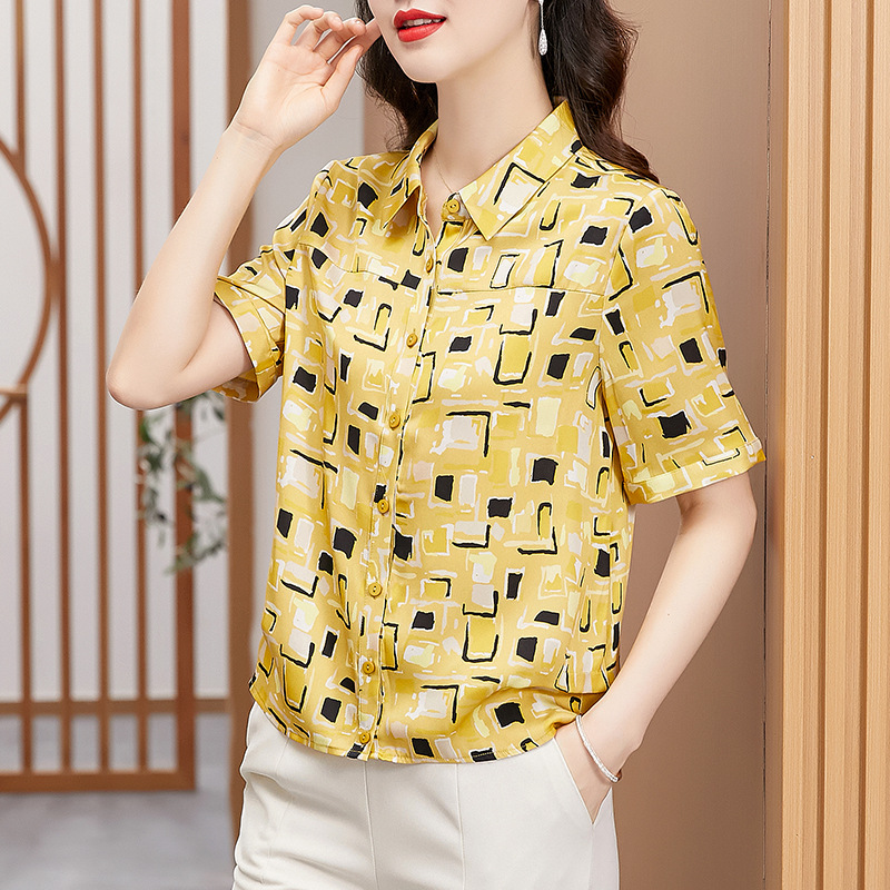 重磅缎面印花真丝短袖衬衫2024夏季时尚宽松桑蚕丝上衣女-阿里巴巴
