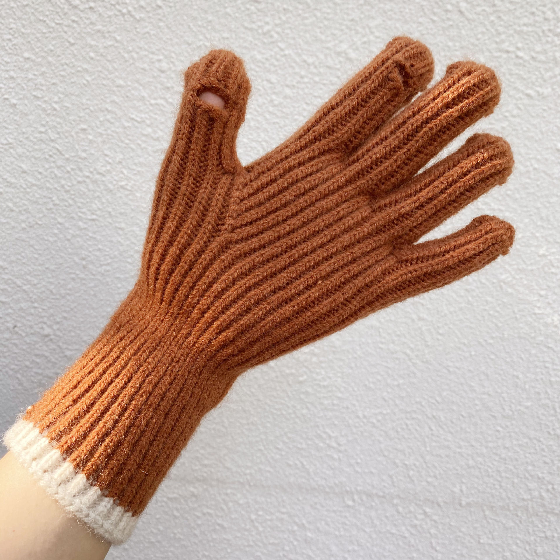 韩国东大门网红针织撞色分指手套破洞可触屏纯色毛线五指手套男女