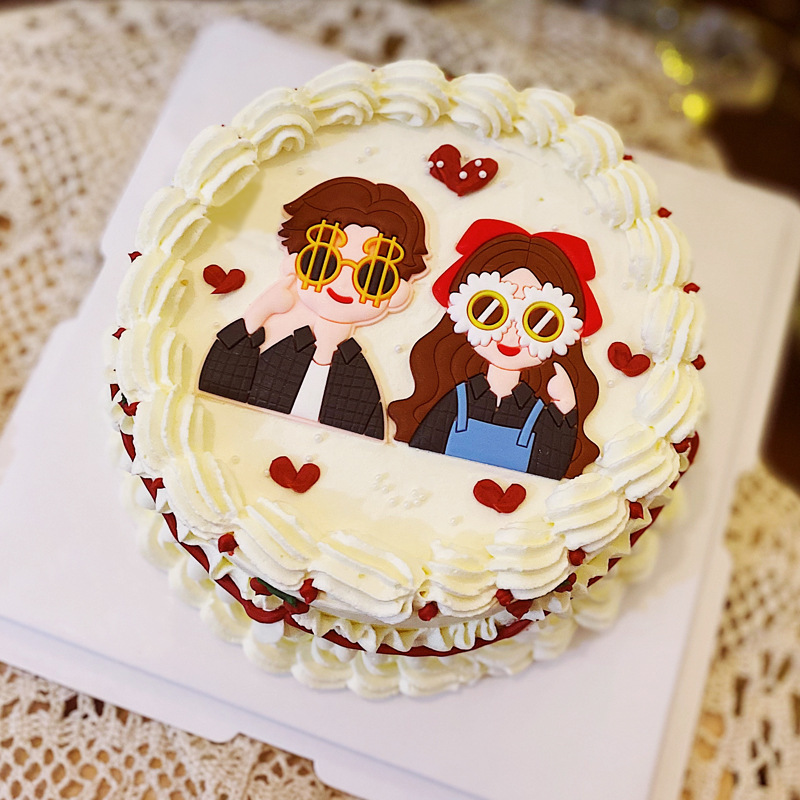 网红七夕情人节蛋糕装饰摆件软陶情侣小女孩男孩烘焙love爱心插件