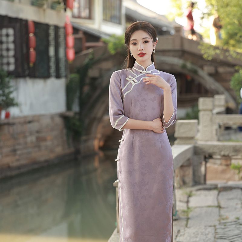 香芋紫仿醋酸提花熟女风旗袍 气质典雅走秀复合薄绒礼服宴会旗袍