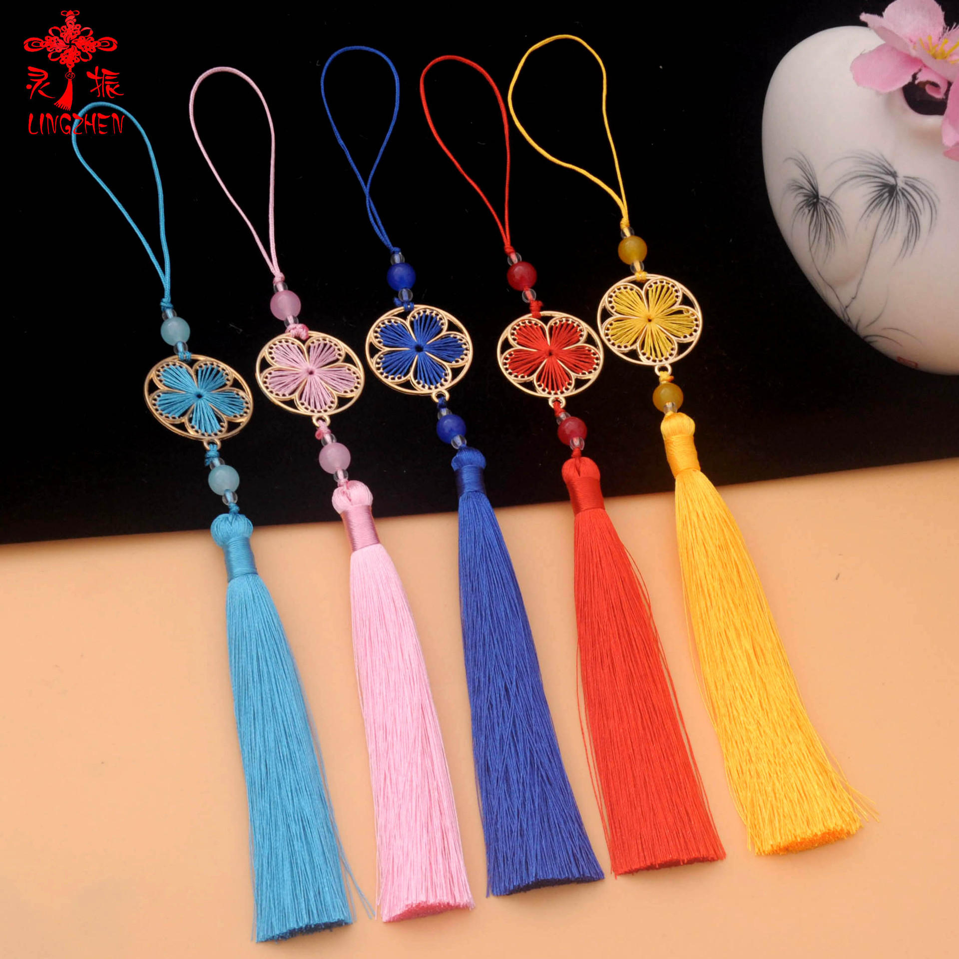 灵振手工刺绣千叶桃花流苏穗子服装辅料古风汉服旗袍压襟吊穗挂件