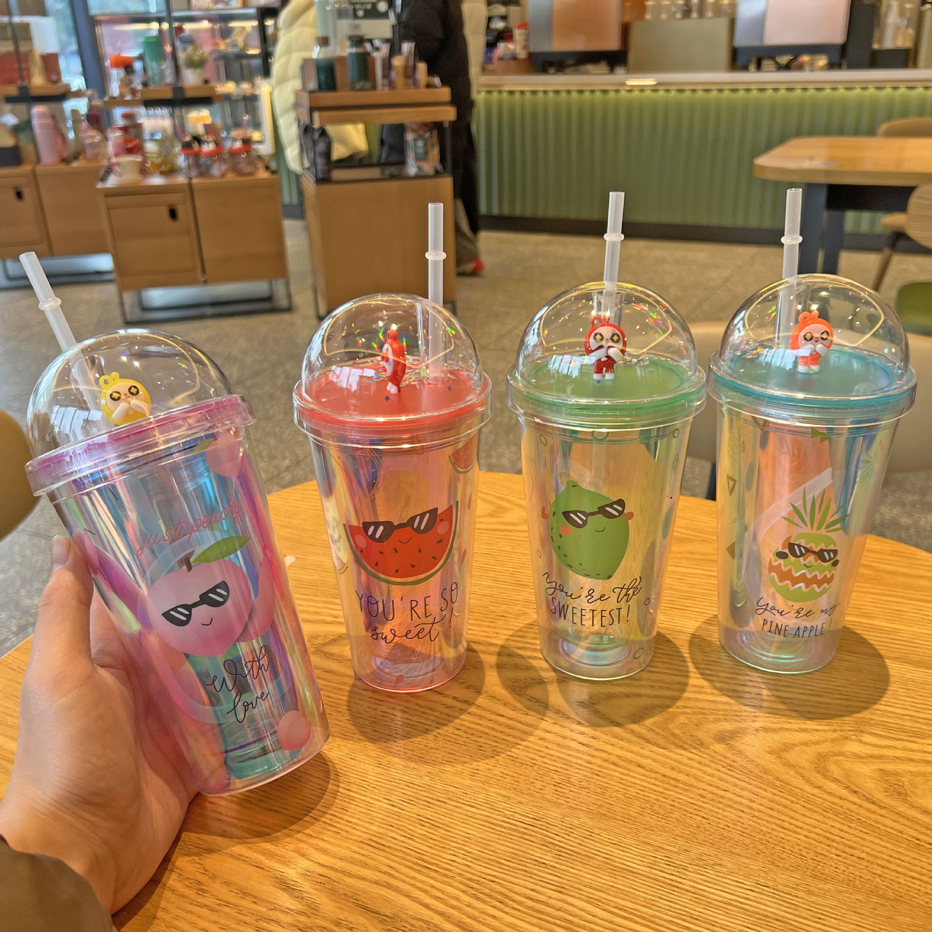 Foreign Trade Hot Sale Double Layer Ice Cup Wholesale Cartoon Fruit Colorful Laser Plastic Cup Micro Landscape Cup Portable Straw Cup