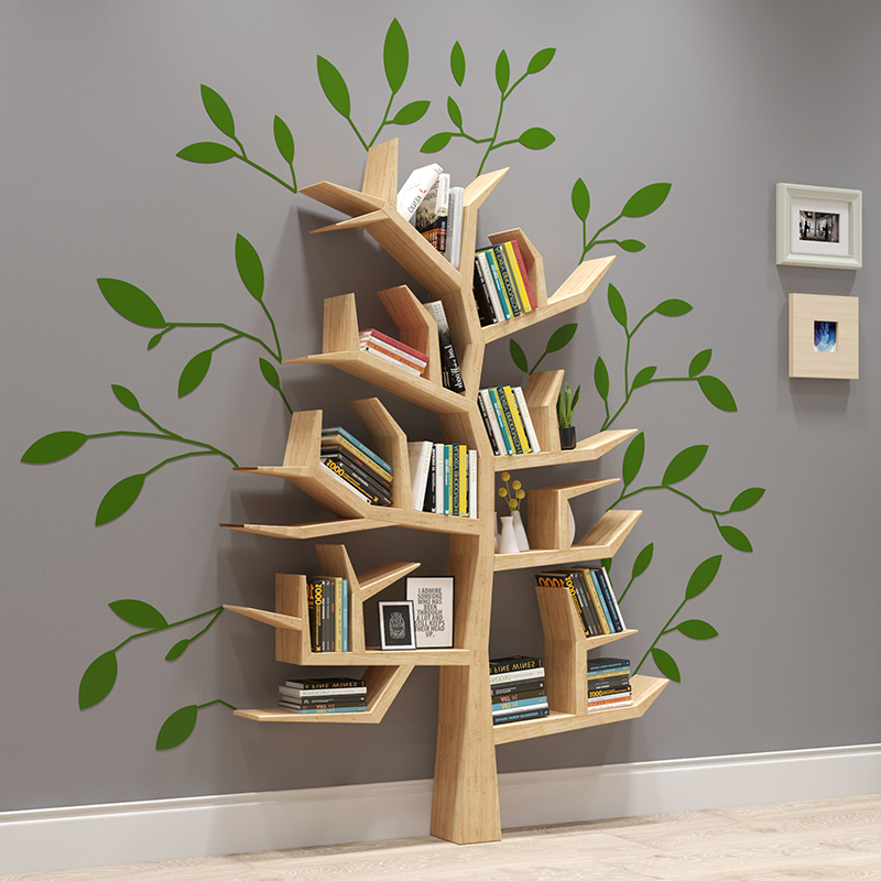 纯实木树形书架装饰置物架儿童树干造型落地墙上壁挂隔板创意书柜