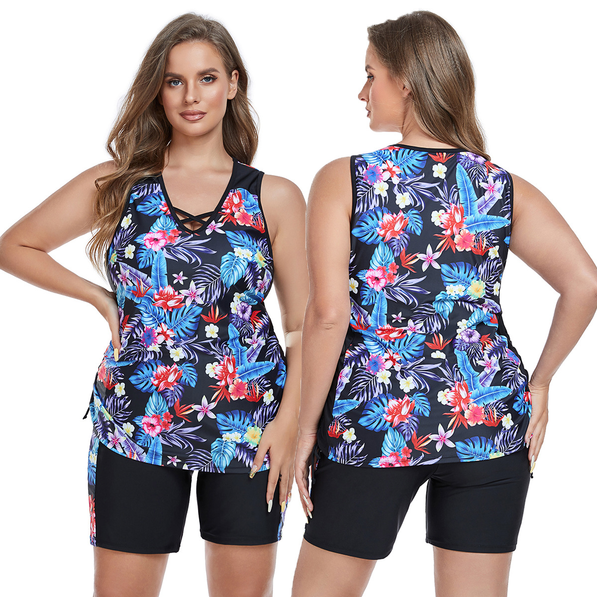 欧美跨境新款分体大码肥婆泳衣女士泳装时尚印花游泳衣比基尼现货