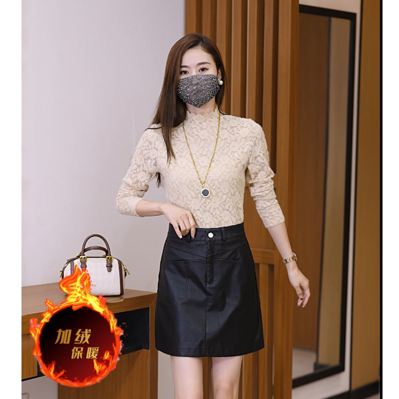 2023高档提花蕾丝打底衫女加绒加厚外贸跨境气质半高领保暖上衣