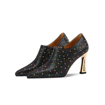 优雅高跟鞋秋冬季深口单鞋尖头粗跟电镀跟气质及踝靴