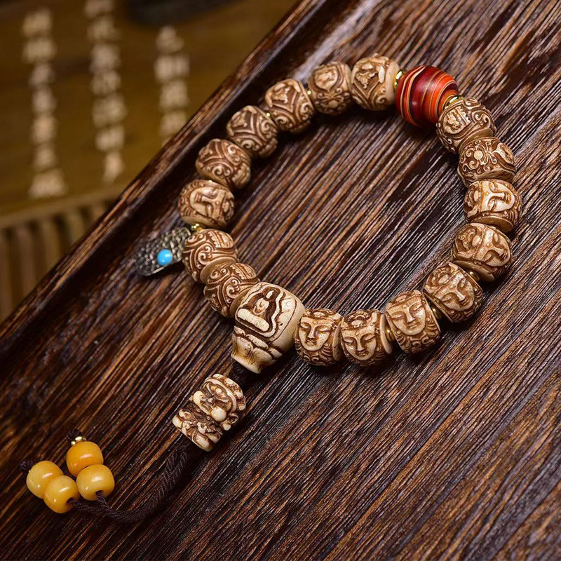 藏传回流骨雕刻观音手串单圈男女款藏式复古文玩牦牛骨手链饰品