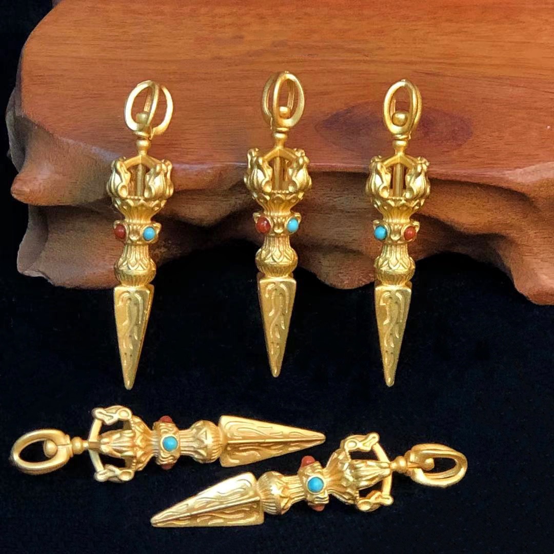 s925纯银金刚杵吊坠纯银法器男女降魔杵护身项坠民族风配饰黄金色