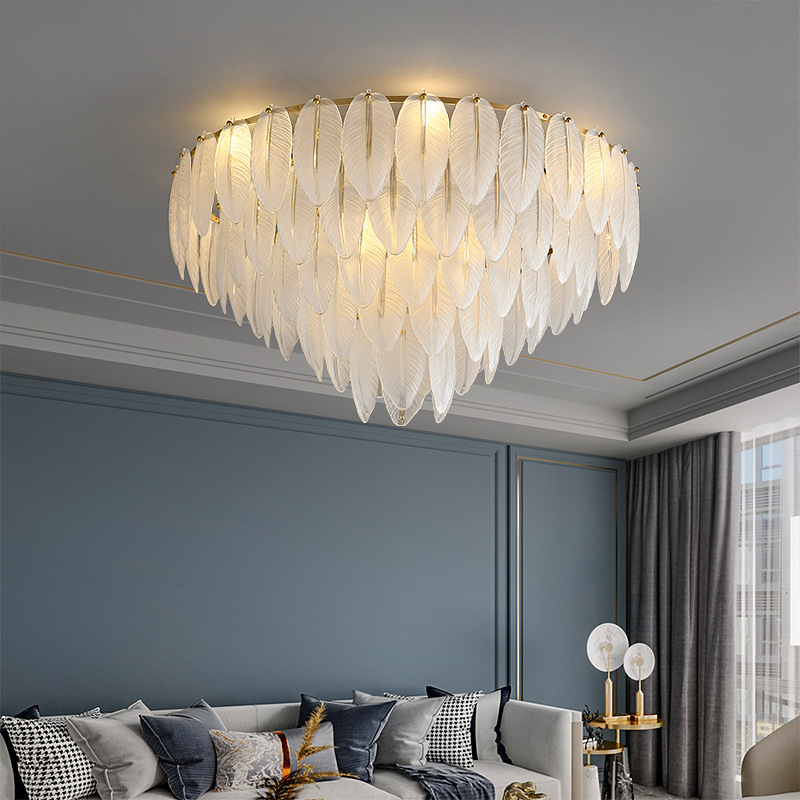 All Copper Light Luxury Living Room Chandelier Feather Glass Ceiling Lamp Post-Modern Minimalist Creative Master Bedroom Lamp Zhongshan Ancient Town