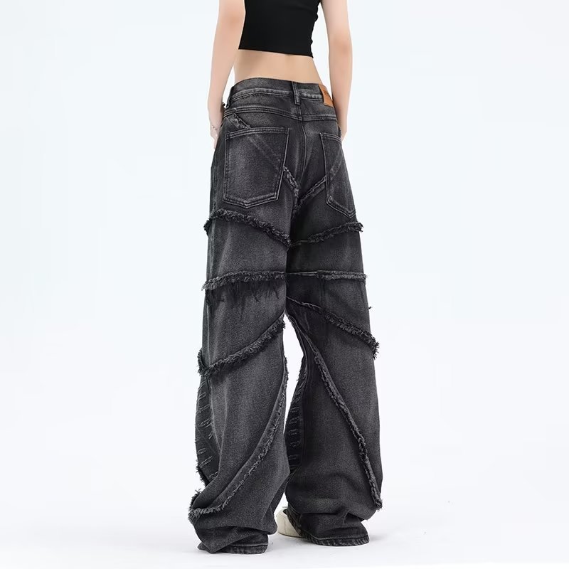 American Retro Destructive Spider Web Raw Hem Jeans Men's and Women's European and American Style Loose Trousers