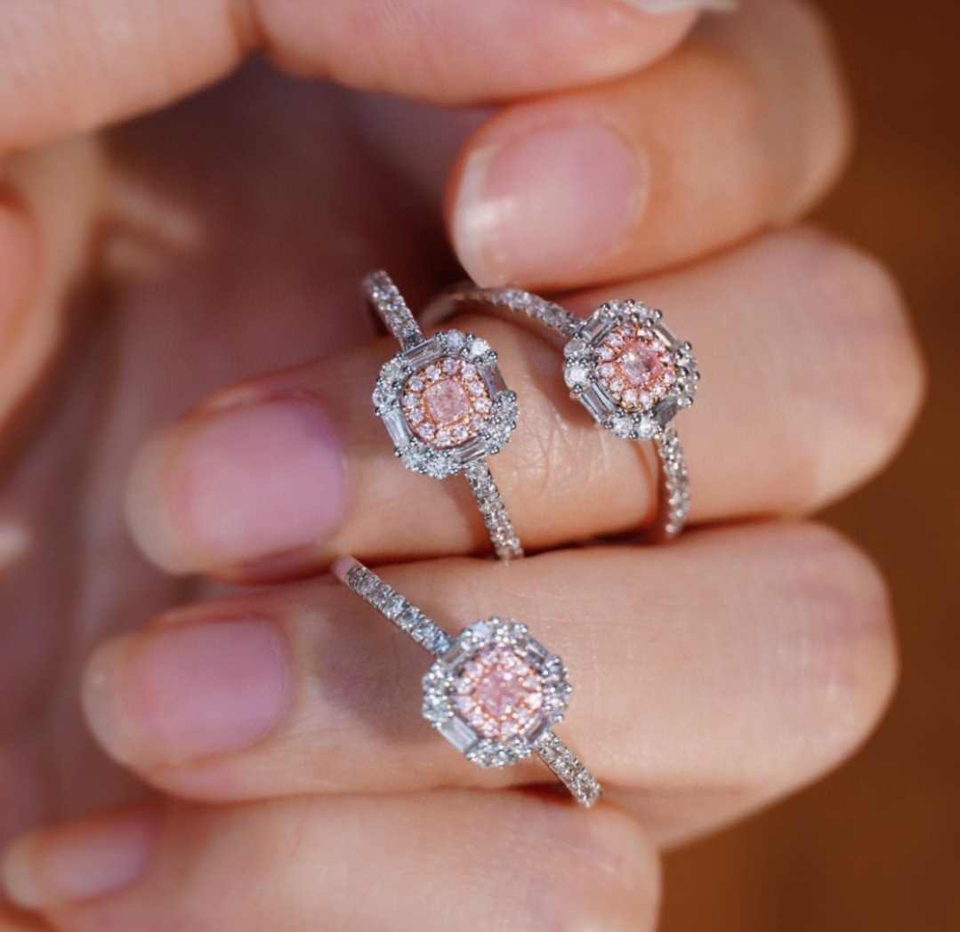 厂家批发18k金天然粉钻戒指 au750金钻戒 真钻彩钻戒指配国际大证