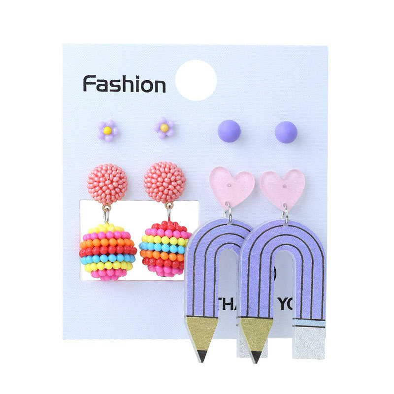 European and American New Acrylic Printed Earrings Rainbow Pencil Stripes Love Heart Earrings Suit 4 Pairs Earrings Wholesale