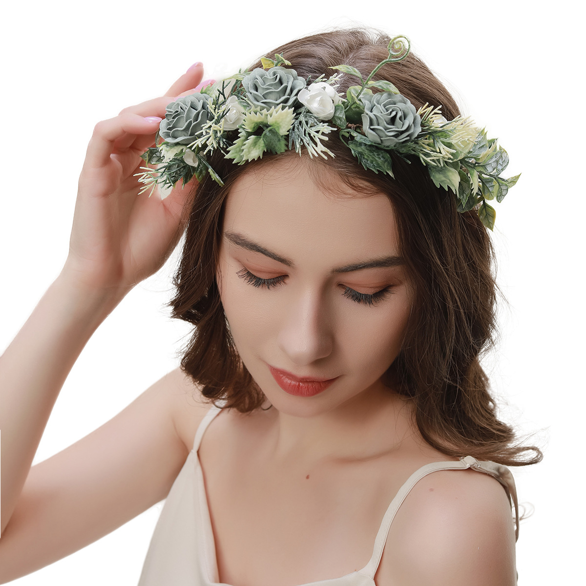 跨境法式手工花环婚纱礼服影楼摄影拍照头饰韩版pu高档玫瑰花冠批