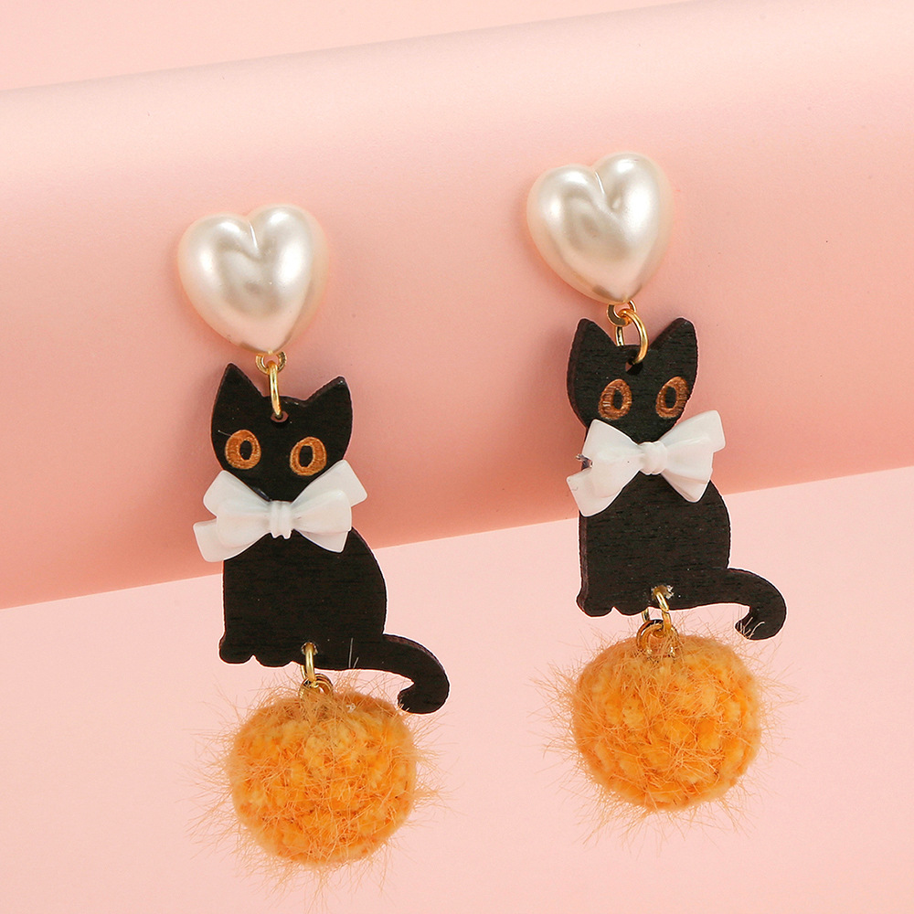 korean style internet celebrity cute black cat fur ball lovely wooden girl student bow japanese stud earrings female wholesale