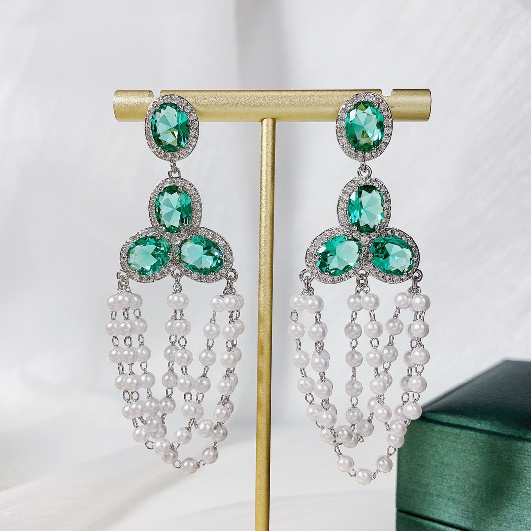 时尚大气卷珠帘彩锆流苏耳环气质欧美微镶锆石耳饰义乌饰品批发