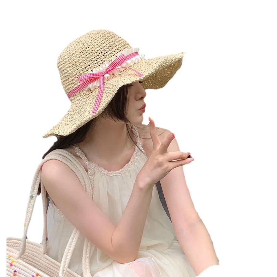 Straw Hat Women's Summer Outdoor Travel Vacation Seaside Beach Big Brim Bow Strap Fisherman Hat Straw Woven Sun Hat