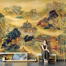蓬莱仙境图壁纸新中式国画山水画墙纸仙家堂口电视客厅背景墙墙布