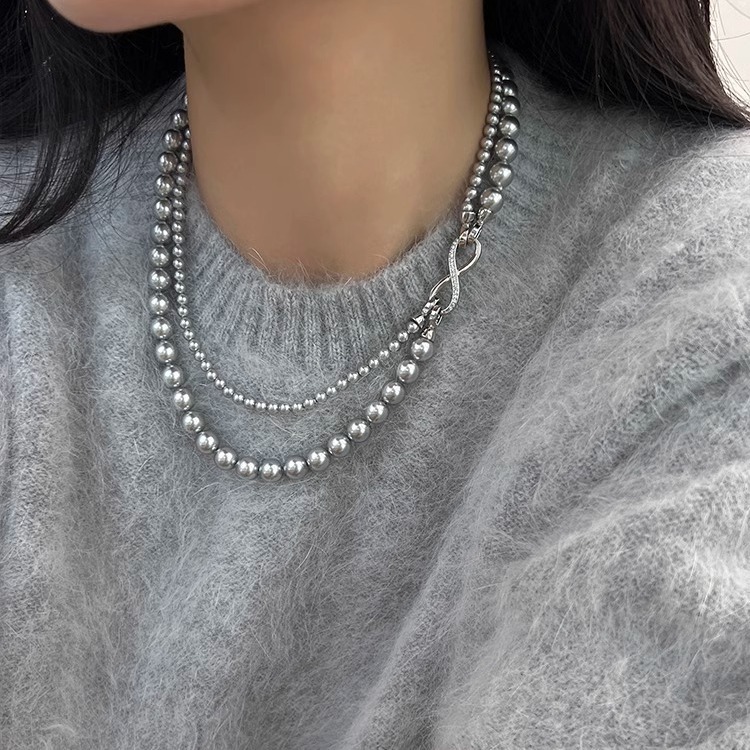 micro-inlaid 8-word buckle double-layer stacked glass pearl necklace can be split multiple ways to wear hemp gray long sweater chain