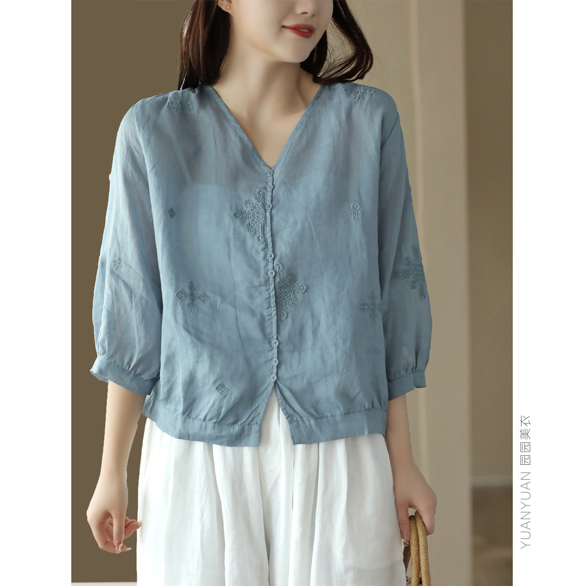 新款重工刺绣衬衫100%苎麻衬衣v领套头衫气质薄款上衣夏-阿里巴巴