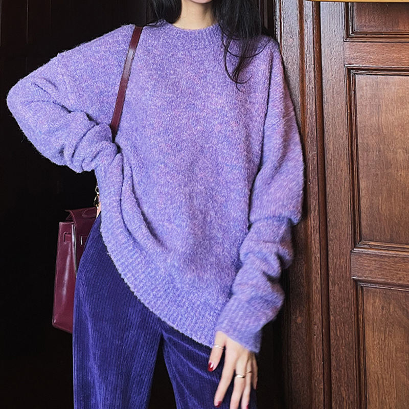 中长款羊毛针织衫紫色宽松廓形外穿毛衣女冬2021新款设计感小众潮