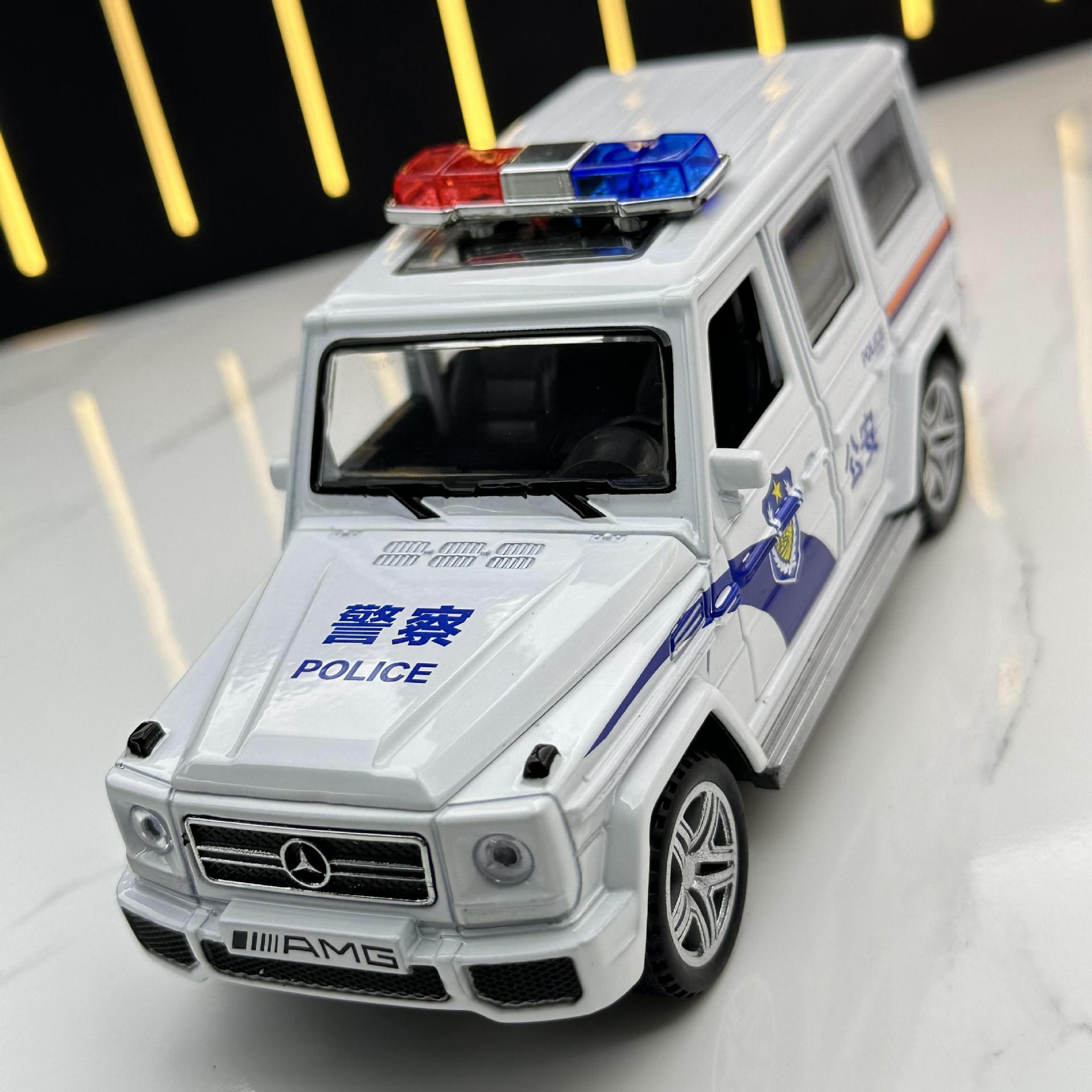 威丽合金车模1:32奔驰g65警车回力警笛声光孩玩具汽车大g模型摆件