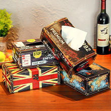 美式复古纸巾盒家居pu皮革抽纸盒 酒吧餐厅桌面木质家客厅纸巾盒