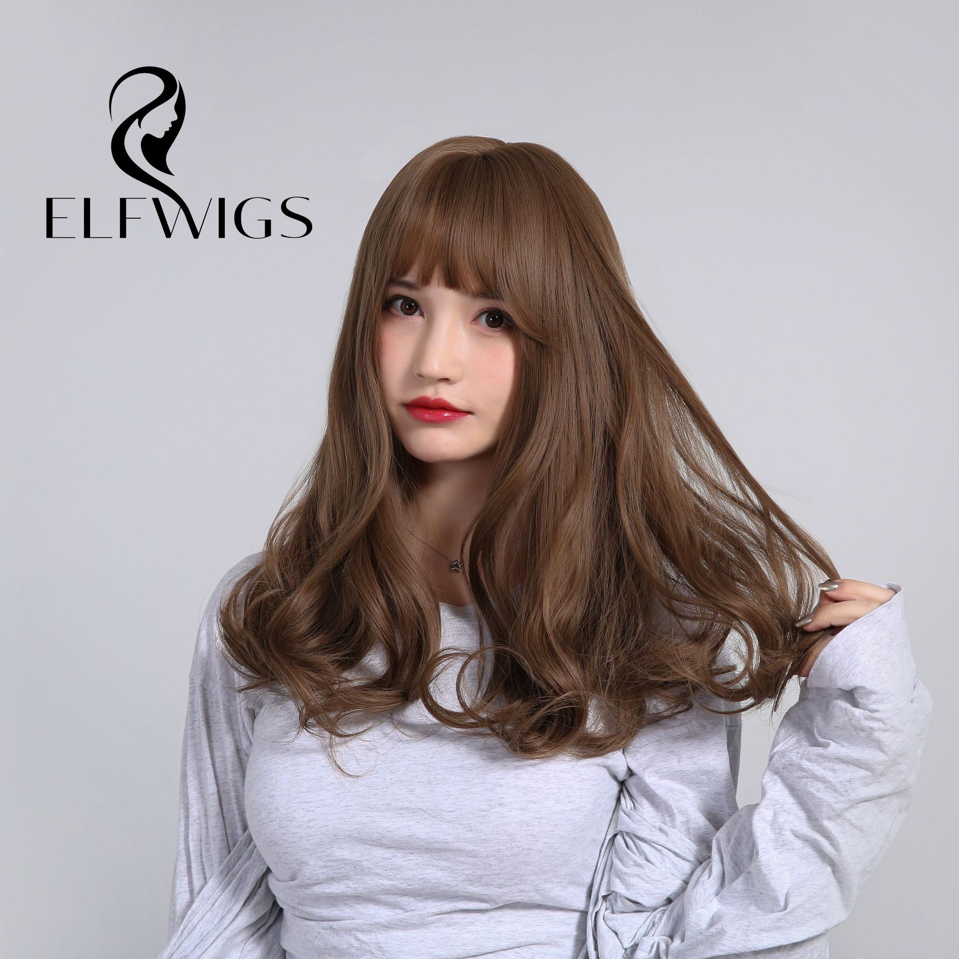 欧烁女长发中长发空气刘海卷发长卷发修脸全头套梨花头微卷假发套