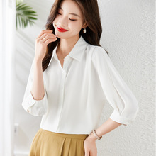 2023新款韩国显瘦纯色翻领短袖透气薄款夏季衬衫女上衣