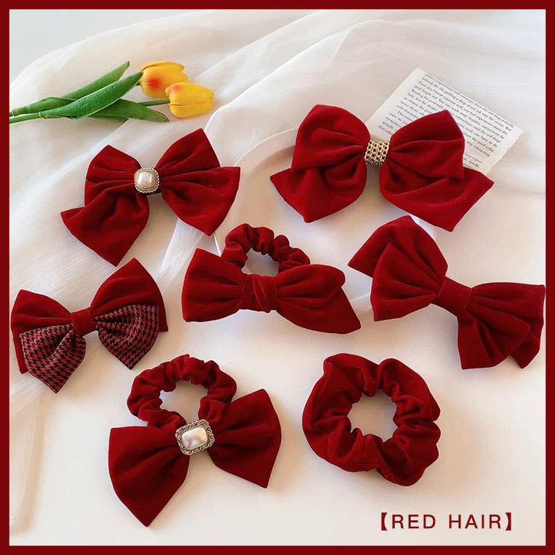 Red Velvet Bow Headdress New Year Festive Online Influencer Head String Hair Rope Hair Ring and Hairpins Women's High-End Hair Accessories