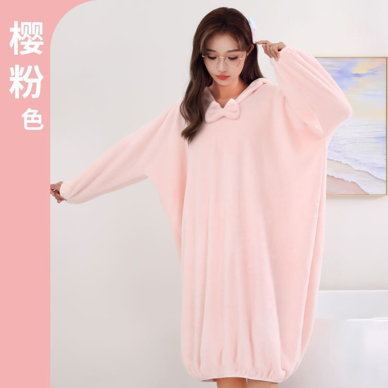 Coral Fleece Long Loose Bathrobe Student Warm Home Wear Morandi Color Long Sleeve Pajamas Hooded Nightgown