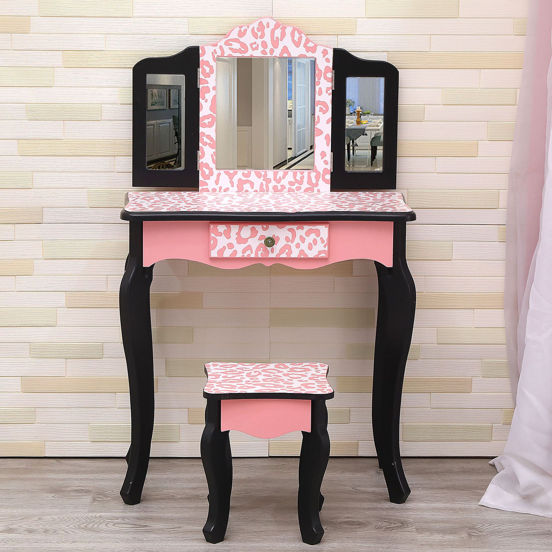 跨境实木豹纹儿童梳妆台女孩过家家化妆儿童家具现货实木梳妆桌