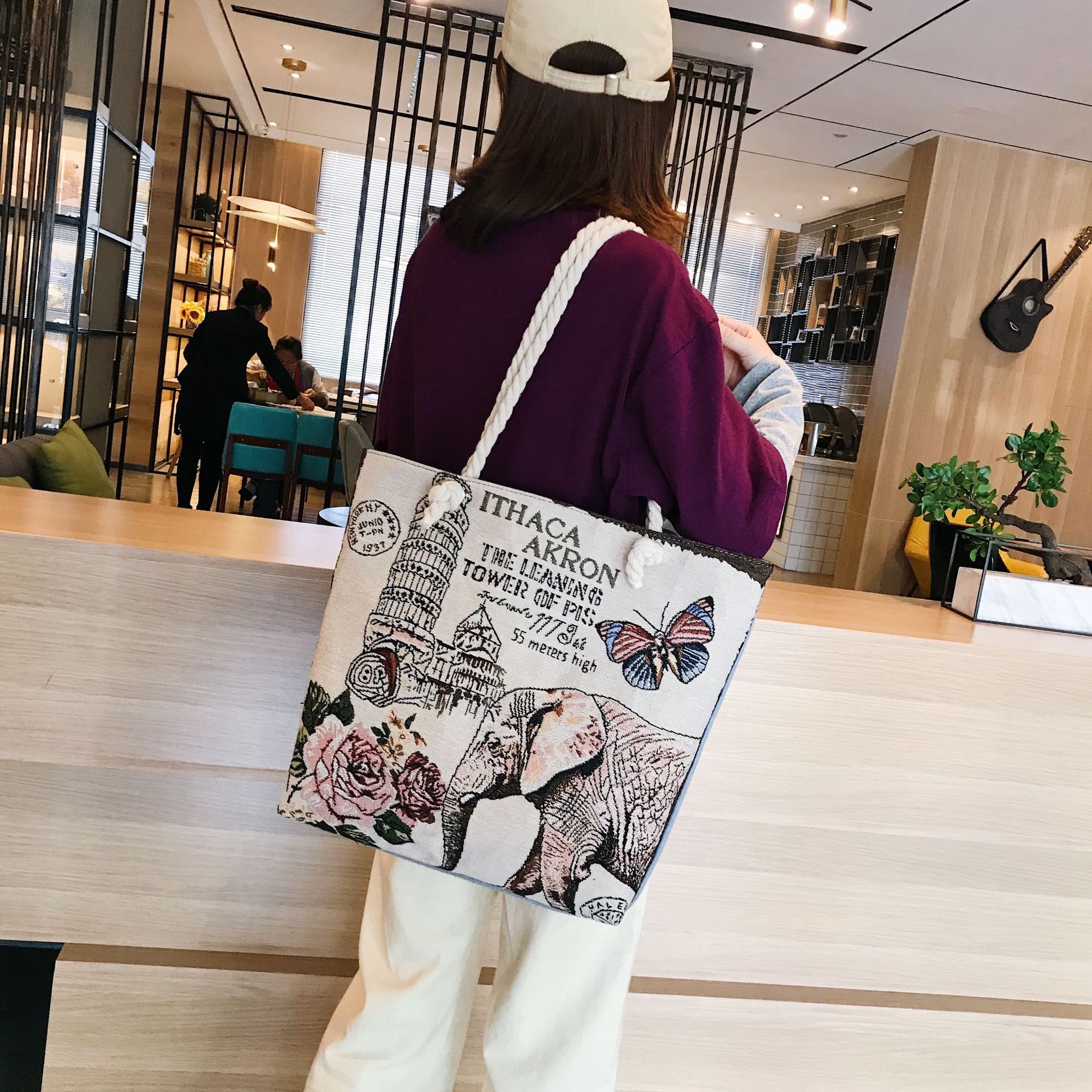 Double-Sided Ethnic Embroidery Thick Rope Bag Women's Live Embroidery Peacock Elephant Canvas Bag Large Capacity Stall Shoulder Bag