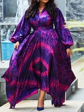 2021印花宽松款式欧美大码高腰气质通勤长裙泡泡袖紫色连衣裙
