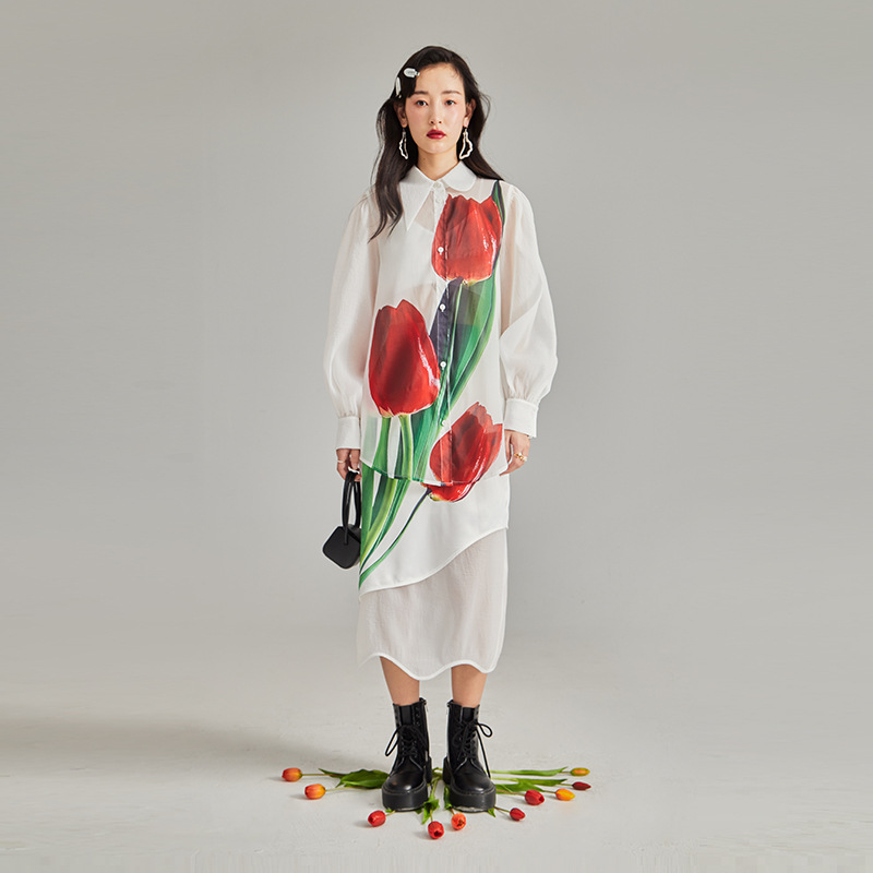 原创设计 送你一束郁金香 艺术复古油画印花半透网纱衬衫